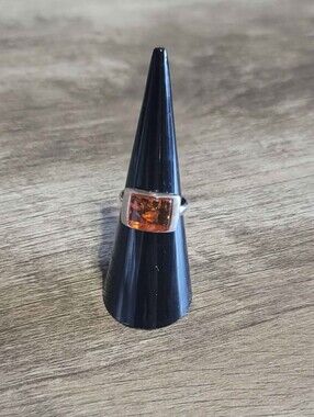 Amber Stone Sterling Silver Ring - Rectangular Amber Center Size 6